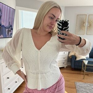 Anthropologie Cream Knit V-Neck Sweater with Sheer Bishop Sleeves